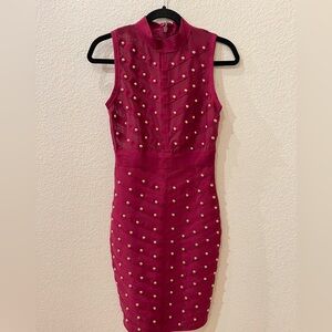Wow Couture Bandage Dress Burgundy With Gold Beads
